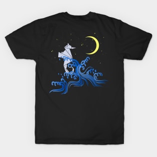 Origami seahorse with pattern, waves and moon T-Shirt